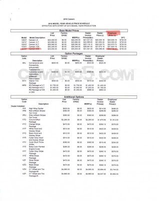 Camaro 2010 Pricing List